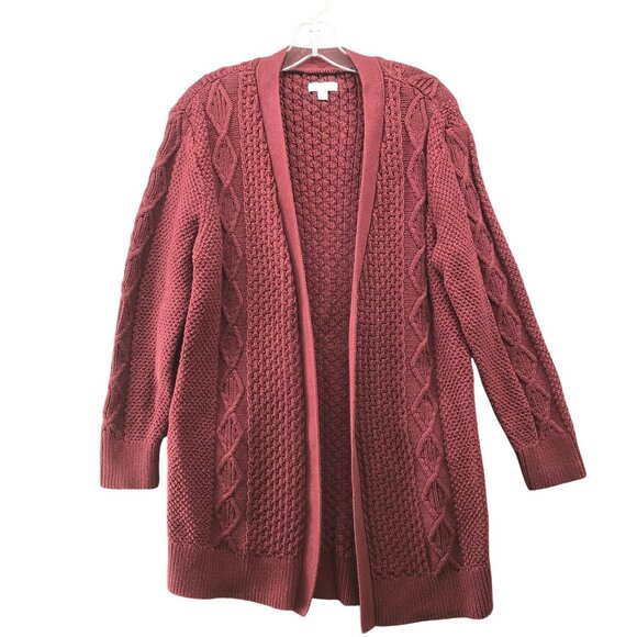 L.L. Bean Sweaters - L.L. Bean Cable Knit Cardigan Womens M Burgundy Open Front Longline Cotton